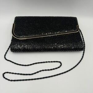 Vintage Black Metal Mesh Evening Clutch Bag Gold Enamel Frame Formal Bag